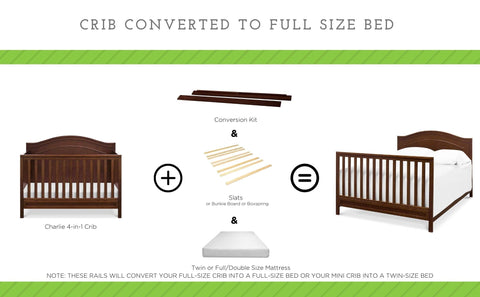 Diagram of crib conversion with Full Size Bed Rails Conversion Kit for Kalani Convertible Cribs, solid wood espresso finish.