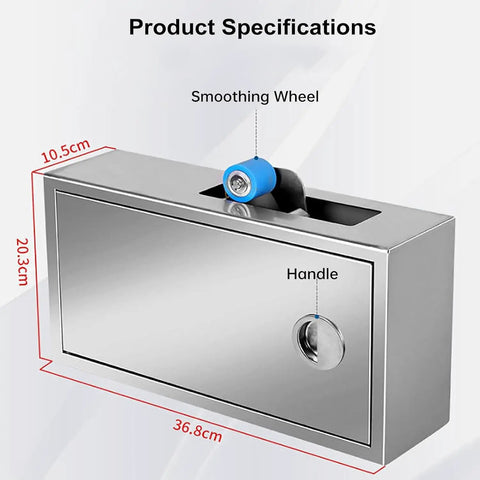 Heavy Duty Stainless Steel Desktop Carton Sealer With Smooth Adhesion Wheels No Power Needed Manual Tape Cutter showing specifications.