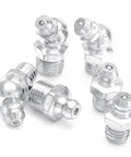Collection of 45-degree galvanized steel nipples from 130Pcs Hydraulic Grease Nipple Fitting Kit with M6 M8 M10 BSP UNF sizes.