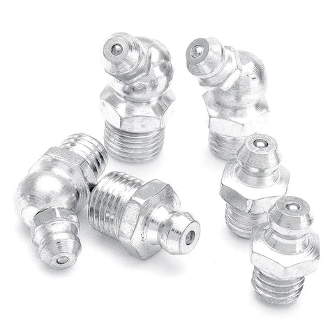 Collection of 45-degree galvanized steel nipples from 130Pcs Hydraulic Grease Nipple Fitting Kit with M6 M8 M10 BSP UNF sizes.