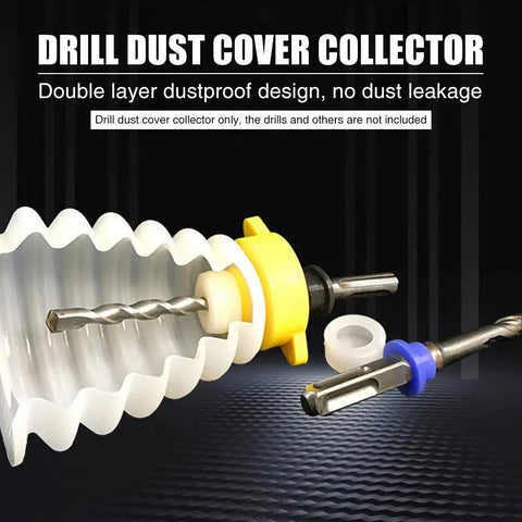 Silicone Drill Dust Cover Baffle With Quick Attach Dust Collector, yellow and white, showing attachment for hammer drills.