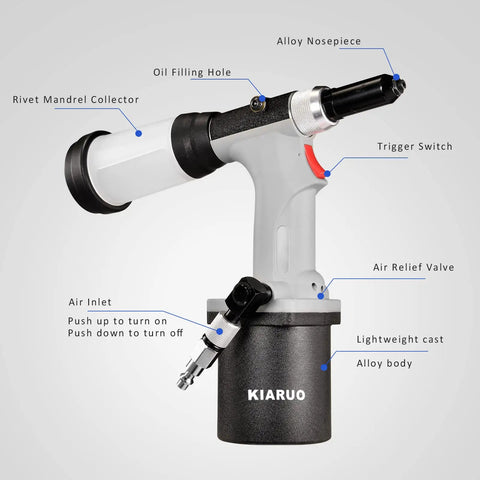 Heavy Duty Pneumatic Air Rivet Gun And Hydraulic Riveter With Self Suction Auto Feed For One Handed Operation and detailed view of features.