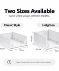 Two sizes of Solid 5 Pack Stackable Plastic Closet Storage Baskets In Crisp White showing height options for closet organization.