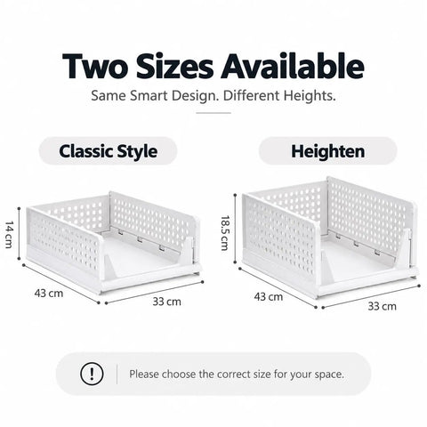 Two sizes of Solid 5 Pack Stackable Plastic Closet Storage Baskets In Crisp White showing height options for closet organization.