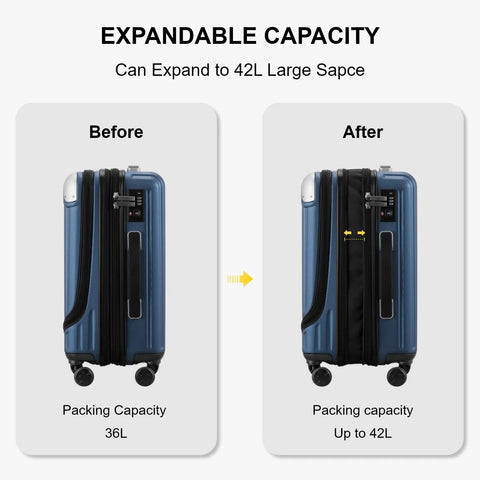 Grace Expandable 20 Inch Carry On Hard Shell Luggage showing expandable capacity from 36L to 42L, side view with spinner wheels