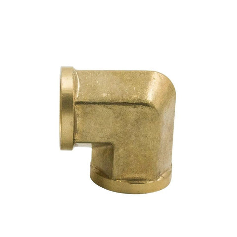 Side view of brass forged 90-degree elbow pipe fitting with female ends