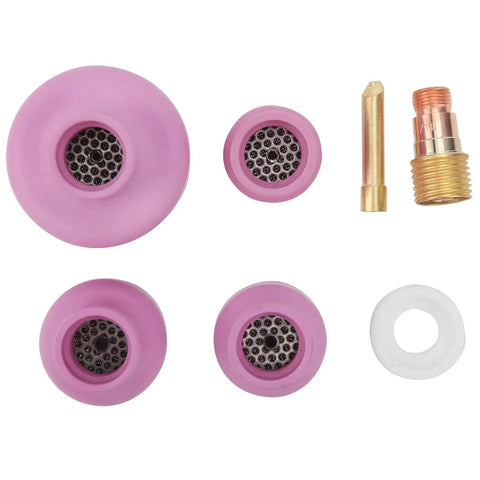 Ultimate Garosa Ceramic Welding Cup Set With Alumina High Temp Resilience For WP17 18 And 26 Torch Gear, pink ceramic cups and fittings.