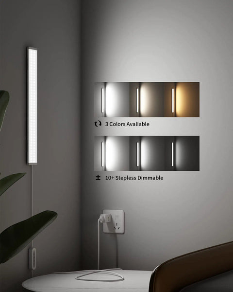 Go To Under Desk Light 16 Inch Dimmable LED Under Cabinet Lighting displaying color temps 3000K to 6000K and dimming features