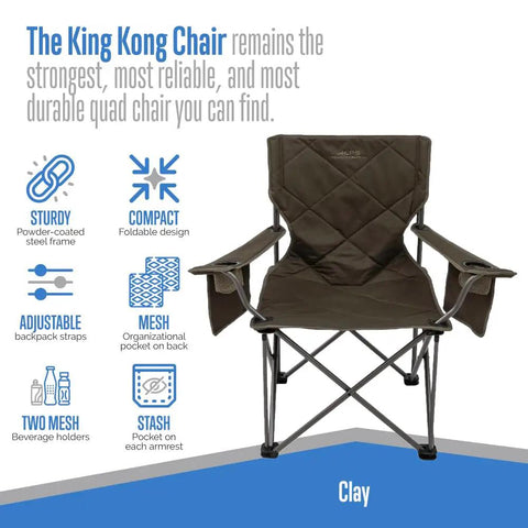 King Kong Camping Chair for adults with mesh cup holders, extra pockets, durable 600D fabric on powder-coated steel frame, clay color.