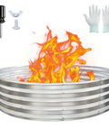 60 Inch Round Fire Pit Ring Built From Heavy Duty Galvanized Steel For Outdoor Bonfires And Backyard Gatherings Rust Resistant Sturdy Fire Ring Easy To Install Also Great As A Raised Garden Bed Or Burn Barrel For Camping with flames, gloves, and tools.