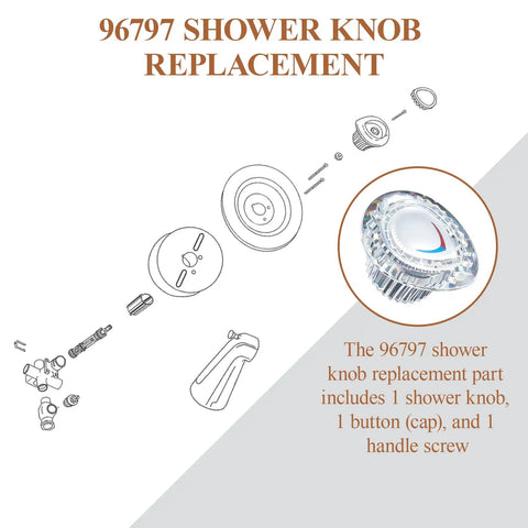 Diagram and components of 96797 Shower Knob Replacement Kit for Chateau Collection Tub And Shower Faucets Chrome Handle With Screws