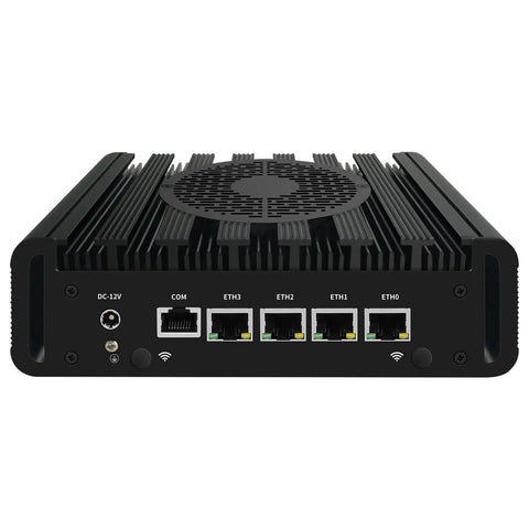 Kickbutt Compact Mini PC Fueled By The Versatile Amd Ryzen R2314 Chipset showing rear panel with four 2.5G Ethernet ports and cooling fins.
