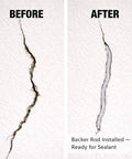 Heavy Duty Quarter Inch Backer Rod EPDM Closed Cell Foam Caulk Saver 33 Foot Coil in crack before and after installation.