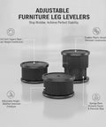 Four Pack Adjustable Furniture Leg Levelers with Sponge Base, durable plastic, stabilizing uneven floors, close-up view.