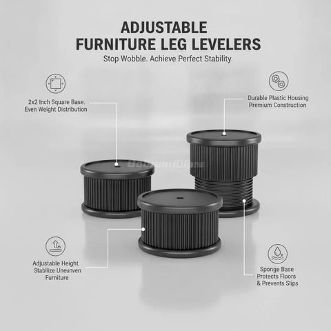 Four Pack Adjustable Furniture Leg Levelers with Sponge Base, durable plastic, stabilizing uneven floors, close-up view.