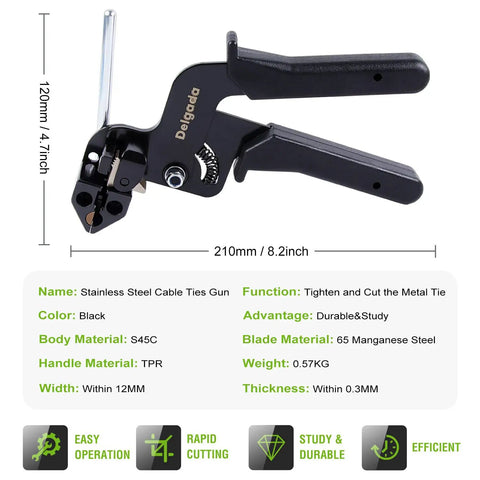 Heavy Duty Metal Cable Tie Gun Kit With 30 Stainless Steel Self Locking Ties showcasing dimensions and materials