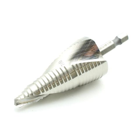 Cobalt Step Drill Bit Set M35 Seven Eighths Inch And One And One Eighth Inch Holes One Quarter Inch Hex Shank Double Spiral Flutes