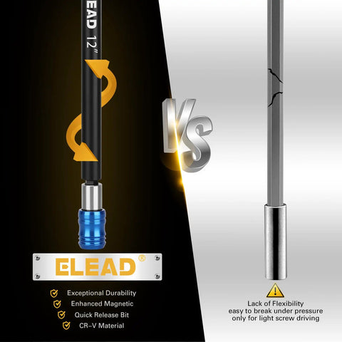 Comparison of Beefed Up Heavy Duty Drill Bit Extension Set With Magnetic Bit Holder And Aluminum Sleeve Quick Release One Quarter Inch Hex Shank with another drill extension on the right.