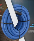 Ultra Lightweight Rubber Farm Hose For Ranch Work Three Quarter Inch By Fifteen Feet, 500 PSI, coiled blue hose, temperature range displayed
