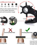 Diagram showing All In One Belt Hole Punch Tool Kit with Multiple Size Grommet Eyelets for precise metal punching, including screwdriver.