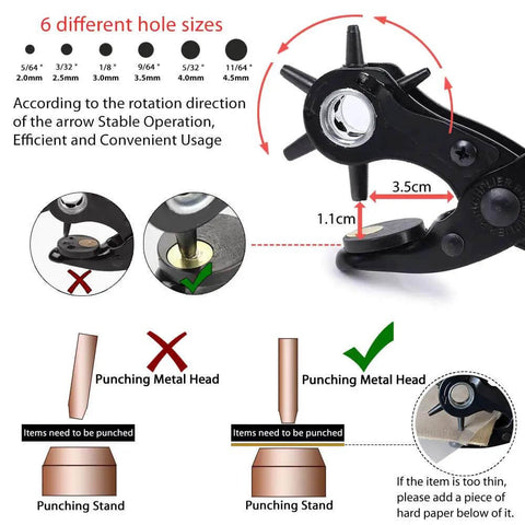 Diagram showing All In One Belt Hole Punch Tool Kit with Multiple Size Grommet Eyelets for precise metal punching, including screwdriver.