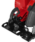 Close-up of the adjustable steel base of the Ultra Compact 12v Brushless Circular Saw with 5 half inch carbide blade.