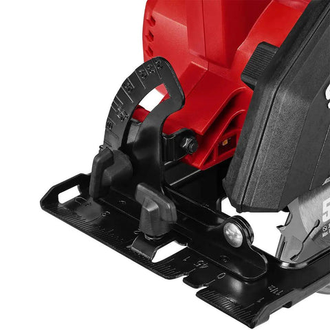 Close-up of the adjustable steel base of the Ultra Compact 12v Brushless Circular Saw with 5 half inch carbide blade.