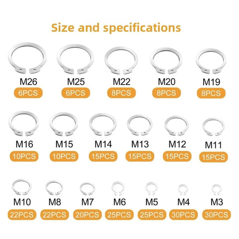 Size and specifications of Internal Circlip Assortment Kit 288 Pieces C Clip Washer Set In 304 Stainless Steel Retaining Ring Kit M3 to M26.