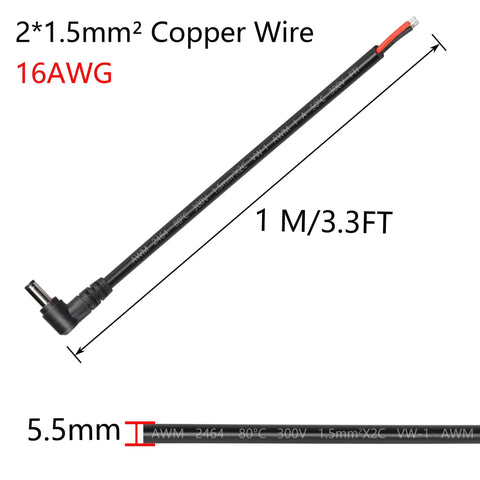 Two Pack DC5521 Power Pigtail Cables 12V 90 Degree 5.5mm X 2.1mm Male Plug To Bare Wire, 16AWG 3Ft length
