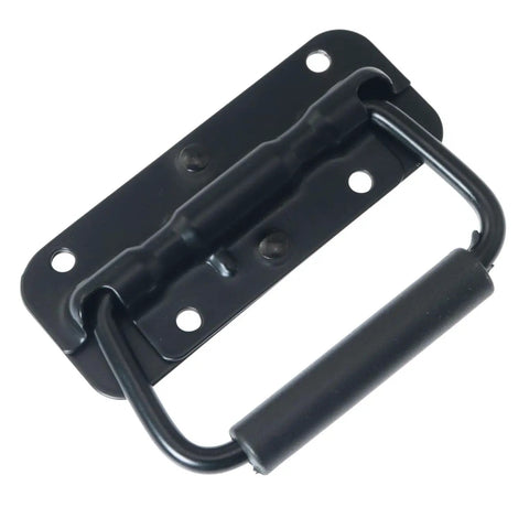 Hella Sturdy Black Spring Loaded Folding Carry Handle With Slick Rubber Grip Heavy Duty Surface Mount Brackets for toolboxes.