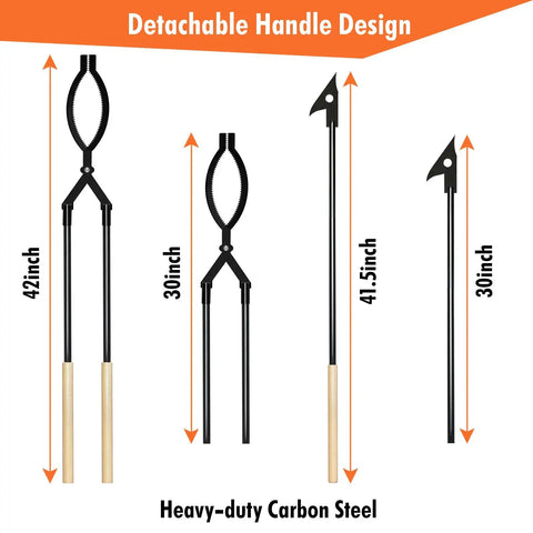 42 Inch Detachable Fire Tongs And Poker Set With Carrying Bag Heavy Duty Fire Pit Tools showing handle design and lengths.