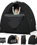 Zero Hassle Snap Together Blackout Tent For Pack And Play Is A Total Game Changer That Blocks Ninety Five Percent Of Light While Fitting Standard Playyards As Portable Nursery Sleep Pod With Handy Baby Monitor Pocket, featuring a child inside.
