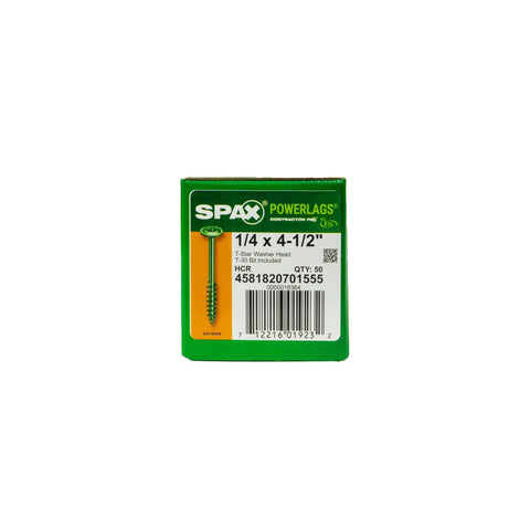 Box of Exterior Washer Head Structural Wood Lag Screws One Quarter Inch By Four And A Half Inch Powerlags Torx T Star Bit Included