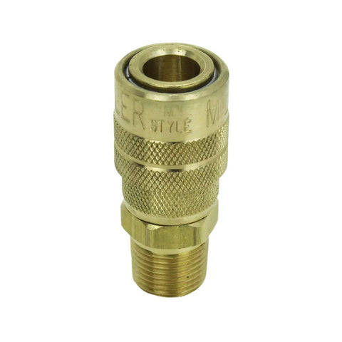 3/8 Inch MNPT M Style Quick Change Coupler For Air Tools, Handles Up To 300 PSI, Delivers About 40 SCFM, 250 F Max Temp, 1/4 Inch Basic Flow, USA Made, Box Of 10 brass body