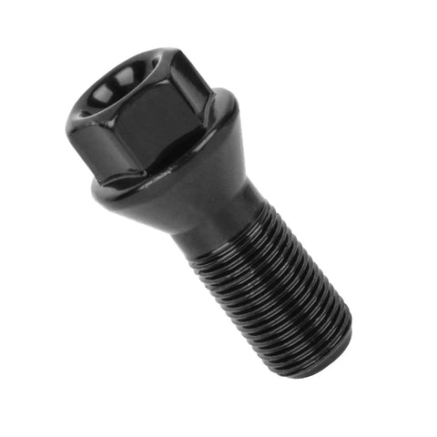 Close-up of a single black steel lug bolt from BMW M14x1.25 Wheel Lug Bolts Set 5 Pack Black Steel Locking Lug Nuts Compatible With F30 F35 F10 F25 X3