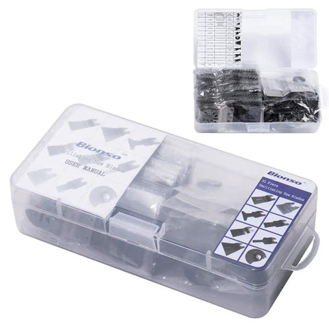 40 Piece Oscillating Saw Blade Kit For Multitool With Wood Metal Plastic Blades in a transparent storage case with labels