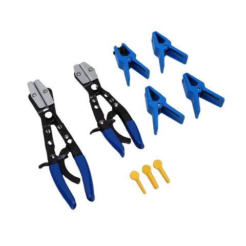 Get Your Garage Boss Ready With This Kickass Metal Rubber Fuel Line Clamp Pliers Set Featuring Eight And Ten Inch Automotive Hose Stopper Tools For Leaking Pipe Fixes That Stop Water In Their Tracks Without Missing A Beat. 9-piece blue and black metal rubber fuel line clamp pliers set