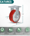Real Deal 6 Inch Rigid Fixed Caster With Heavy Duty Polyurethane Wheel And 1200 Lb Capacity shown at angle with 2 inch wheel diameter.