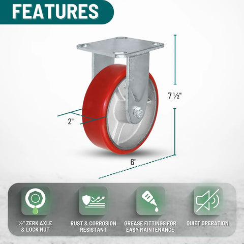 Real Deal 6 Inch Rigid Fixed Caster With Heavy Duty Polyurethane Wheel And 1200 Lb Capacity shown at angle with 2 inch wheel diameter.