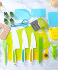 Higoney 17-piece kids kitchen set with plastic knives, cutting board, and colorful tools