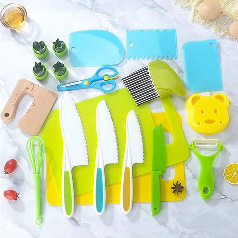 Higoney 17-piece kids kitchen set with plastic knives, cutting board, and colorful tools