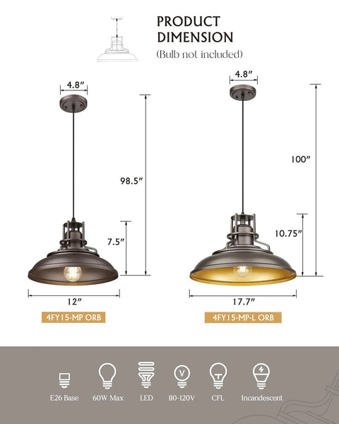 Dimensions of Farmhouse Pendant Light For Kitchen Island, 12 Inch Barn Style Hanging Lamp in Oil Rubbed Bronze, adjustable height
