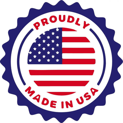 Proudly Made in USA badge with American flag design.
