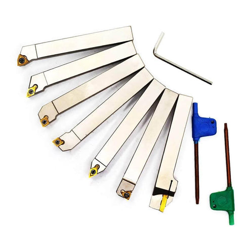 Heavy Duty 1/2 Inch Shank Indexable Lathe Tool Set With Nickel Plated CNC And Metal Lathe Tool Holders For Turning Grooving Threading Parting And Cut Off 7 Piece Kit Durable And Corrosion Resistant Built To Last displayed with tools on a white background