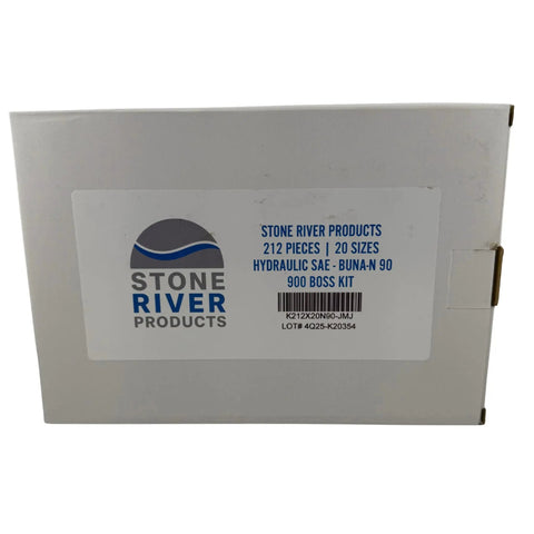 Box of Boss Seal Kit For SAE Straight Thread Tube Fittings, 212-Piece Buna-N O-Ring Assortment, 20 Sizes labeled Stone River Products