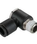 No Fuss Composite Push To Connect Npt Single Banjo Fitting Converts 1/4 Tube To 1/8 Pipe with a black and silver design.