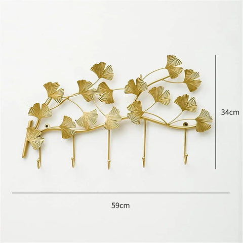 Heavy Duty Metal Wall Hooks For Living Room Decor And Bedroom Setup, gold leaf design, 59cm wide, 34cm tall, holds coats and keys.