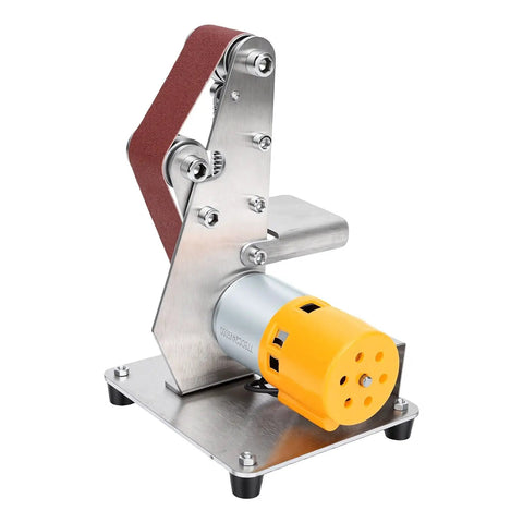 Oreilet 3 In 1 Mini Belt Sander With 7 Speed Adjustable Settings And 20 Sanding Belts For Knife Sharpening Woodworking And Jewelry Polishing Compact Bench Grinder Tool with metal frame and sanding belt.