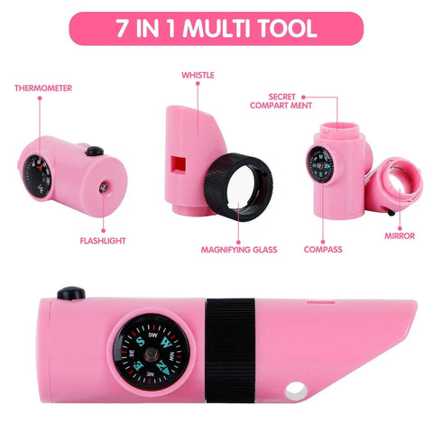 Girls Outdoor Explorer Kit With Bug Catcher Gear For Backyard Adventures, pink 7-in-1 multi-tool showing features