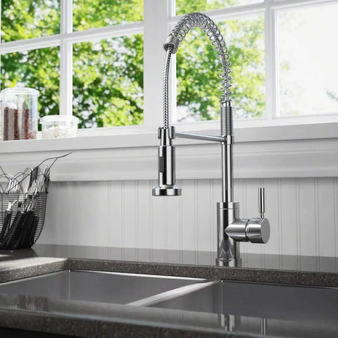 Chrome Finish One Handle Pull Down Sprayer Kitchen Faucet With 360 Degree Swivel Spout, Solid Brass Construction in modern kitchen